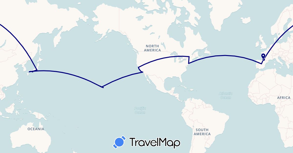 TravelMap itinerary: driving in Canada, Spain, France, Japan, United States (Asia, Europe, North America)